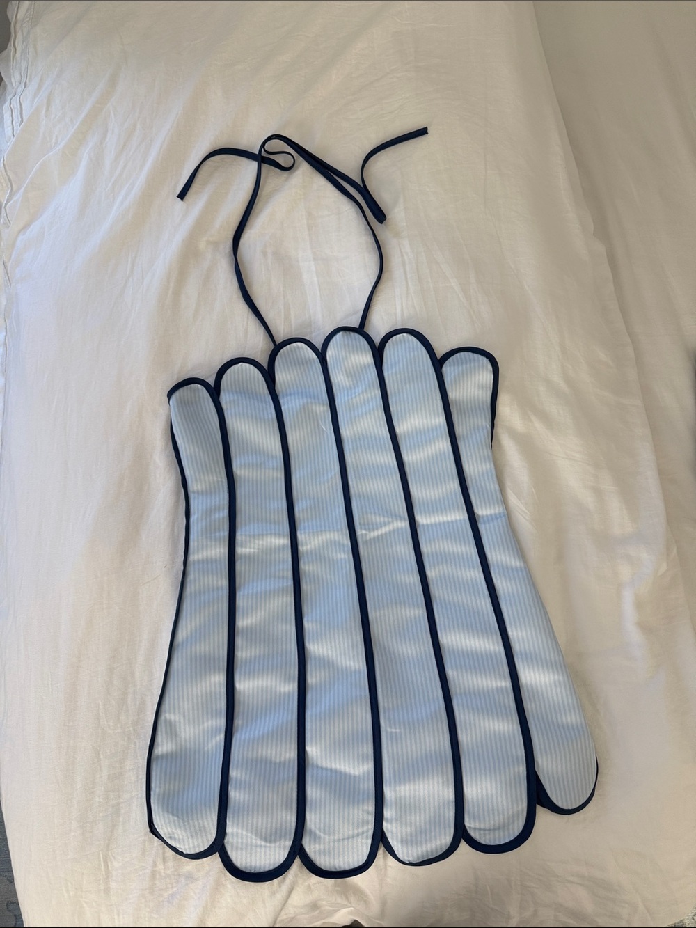 Striped Scalloped Halter Mini Dress in Light Blue with Navy Trim